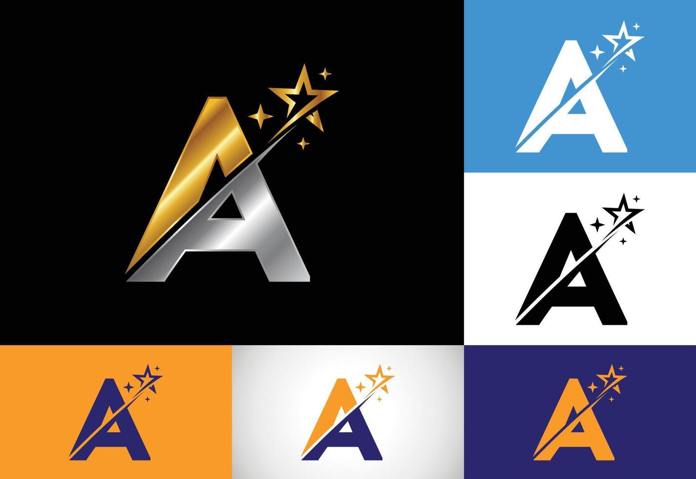 initiaal een monogram letter alfabet met swoosh en star-logo icoon. abstracte ster-logo teken symbool ontwerp. modern vectorlogo voor bedrijfs- en bedrijfsidentiteit. vector