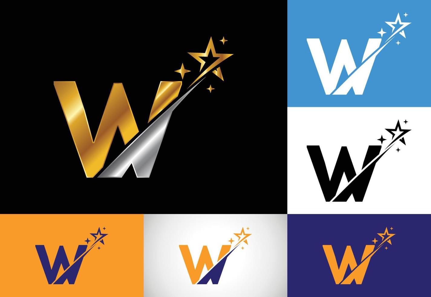 eerste w monogram letter alfabet met swoosh en star-logo icoon. abstracte ster-logo teken symbool ontwerp. modern vectorlogo voor bedrijfs- en bedrijfsidentiteit. vector