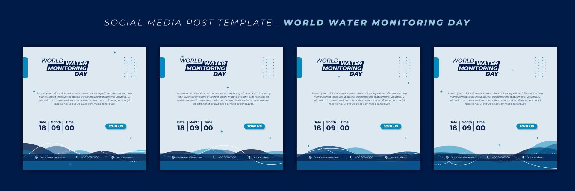 wereldwaterbewakingsdag met wuivend waterontwerp als achtergrond. set van sociale media-sjabloon met blauw en wit ontwerp. vector