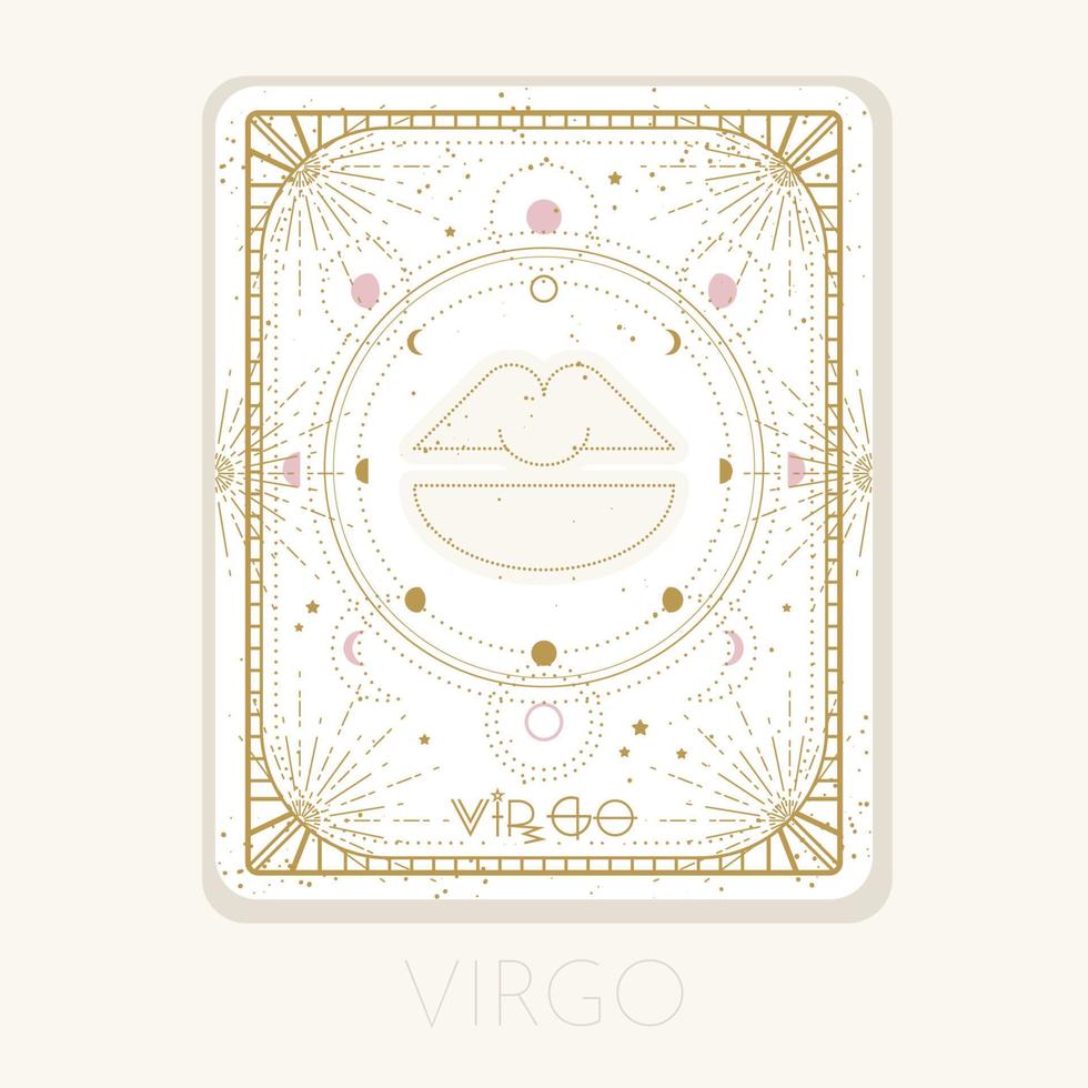 sterrenbeeld Maagd kaart. astrologisch horoscoopsymbool met maanstanden. grafische gouden pictogram op een witte achtergrond. vector lijn kunst illustratie