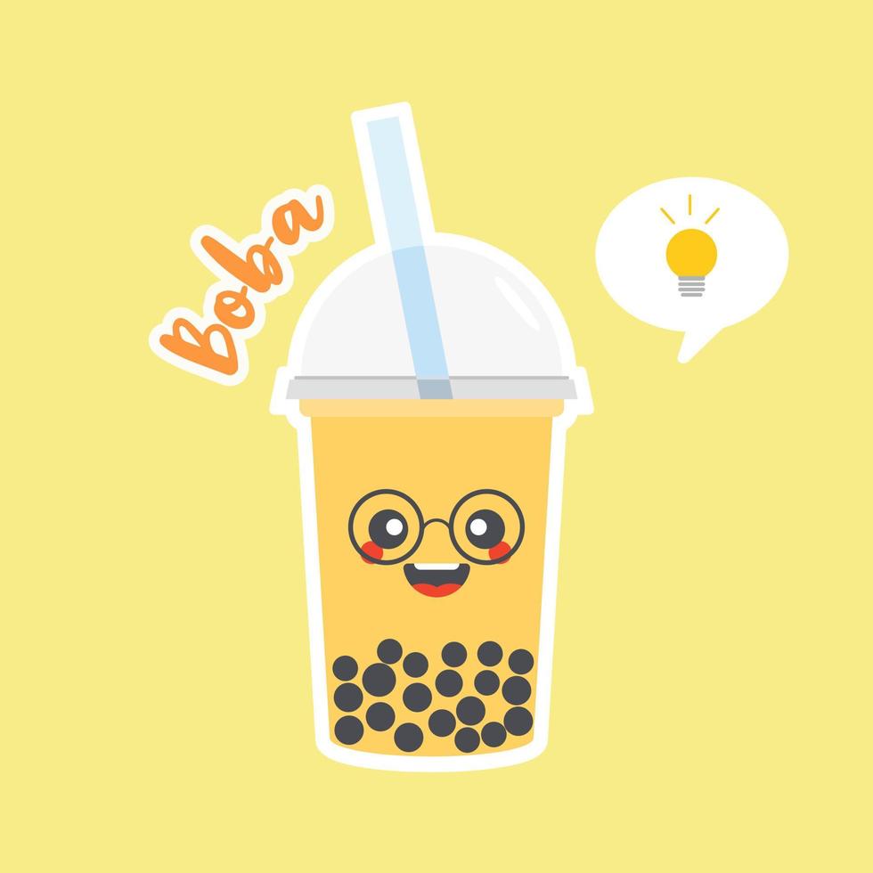 schattige boba bubble melkthee met tapioca. parelmelkthee, zwarte heerlijke parels is Taiwanees beroemd. populaire drank. vector illustratie schets. karakter cartoon. leuke sticker. kawaii cartoon-emoji.