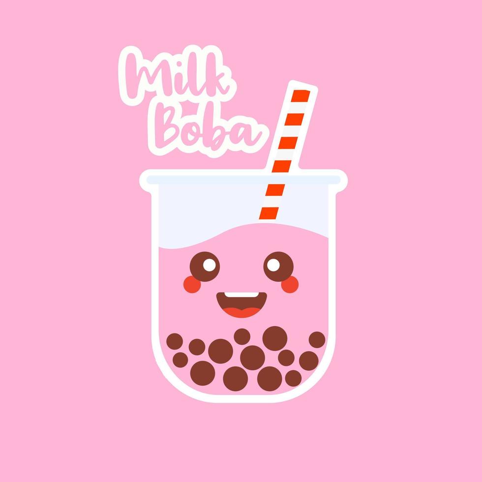 schattige boba bubble melkthee met tapioca. parelmelkthee, zwarte heerlijke parels is Taiwanees beroemd. populaire drank. vector illustratie schets. karakter cartoon. leuke sticker. kawaii cartoon-emoji.