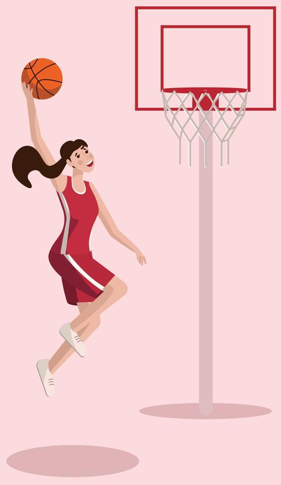 meisje basketbalspeler in een sprong gooit de bal in de mand. vector illustratie