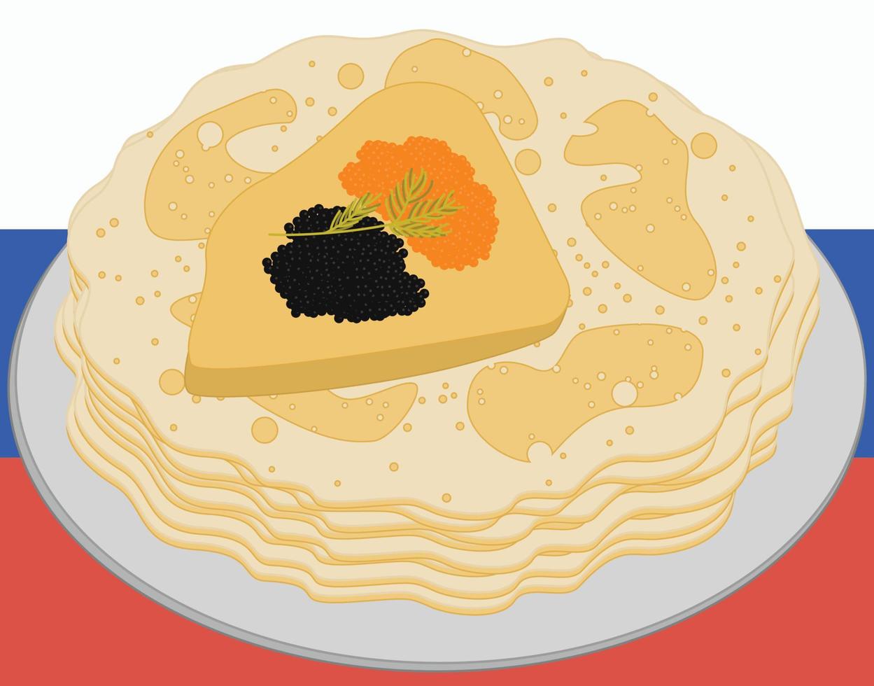 russisch eten. pannenkoeken met zwarte en rode kaviaar. vector illustratie