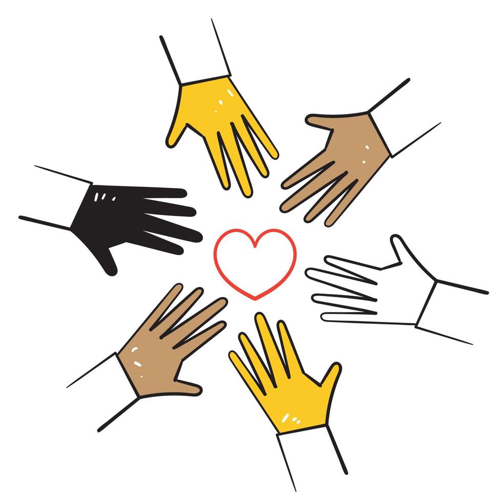 hand getrokken doodle hand die liefde bij elkaar houdt symbool voor diversiteitsillustratie vector