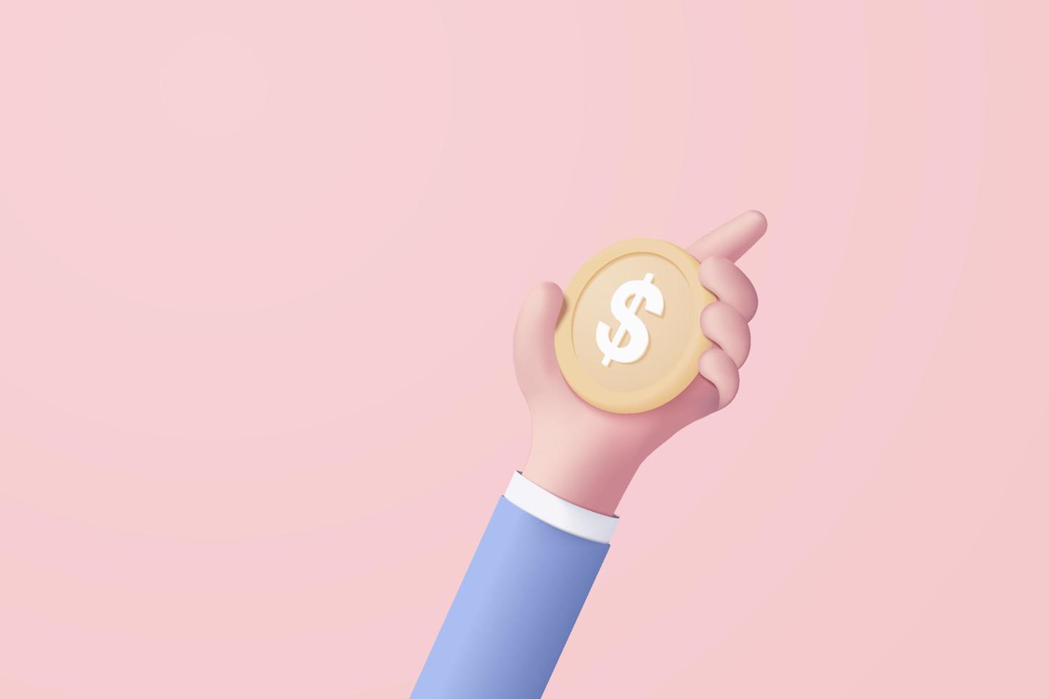 3D geld munt hand houden op pastel roze achtergrond. aanhouden van geld in hand bedrijfsconcept, online betaling en betaling 3d vector render concept. financiën, investeringen, geld besparen bij de hand isolate