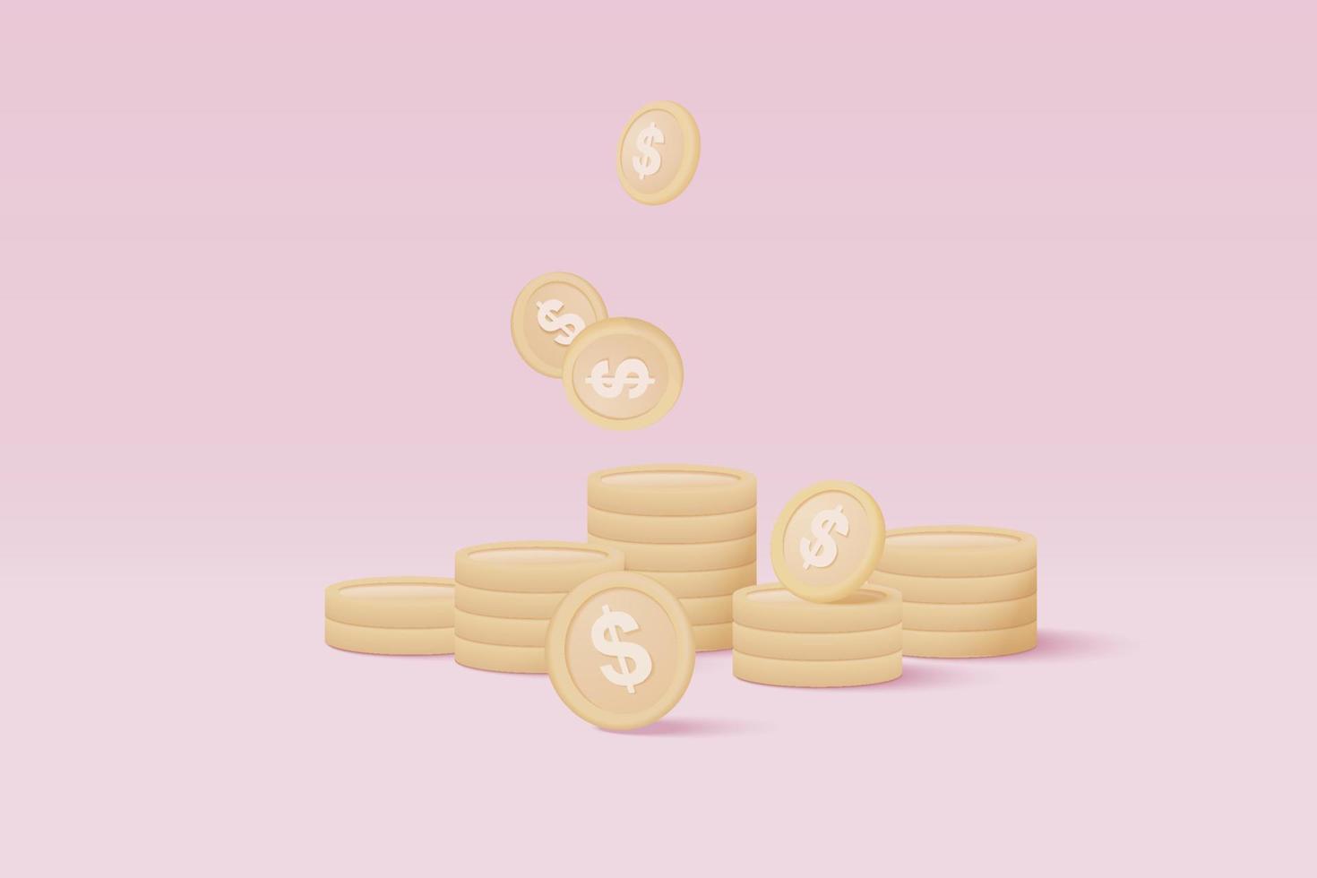 3D geld munt besparing op pastel achtergrond. munt stapel groeiend bedrijf isoleren concept, 3d geld vector render voor financiën, investeringen, geld verdienen illustratie concept