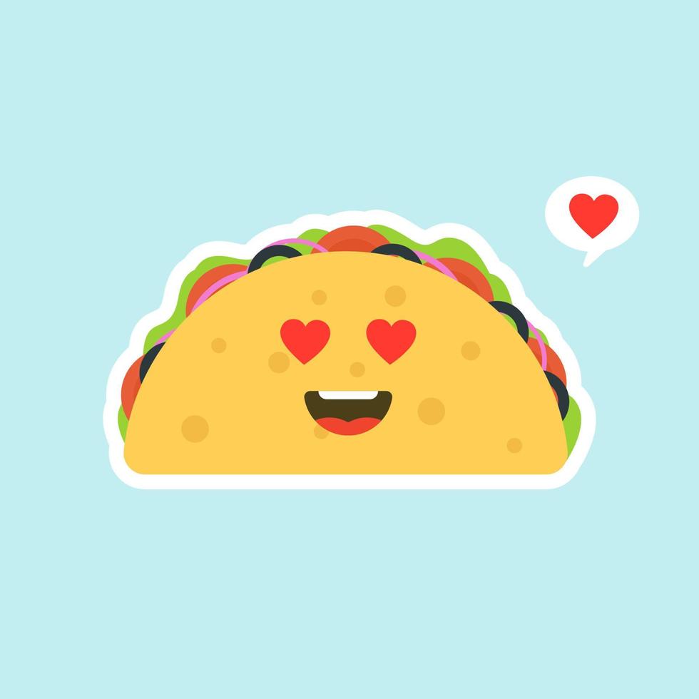 vectorillustratie met Mexicaanse taco's kawaii eten. de tortilla gaat naar taco's. schattige cartoon afbeelding geïsoleerd op een achtergrond in kleur. vector