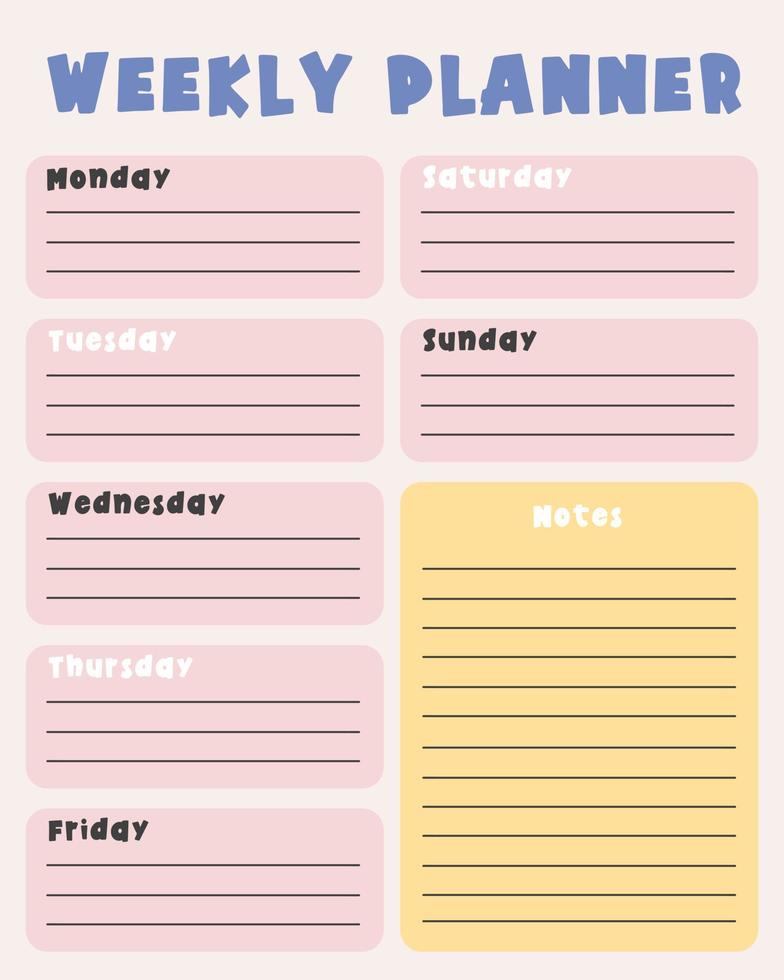 Weekplanner. plan je dag. lege afdrukbare verticale notebookpagina. dagelijkse organisator. sjabloon voor agenda, planning, planners, checklists, notitieblokken, ansichtkaarten en ander briefpapier. vector