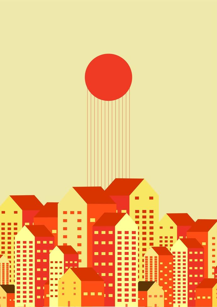 stad of urbanscape platte ontwerp vectorillustratie. scène over stadsgezicht bouwen met zon in de middag. behang, milieu, opwarming van de aarde, vervuilingsprobleem, thermisch, klimaatverandering, poster vector