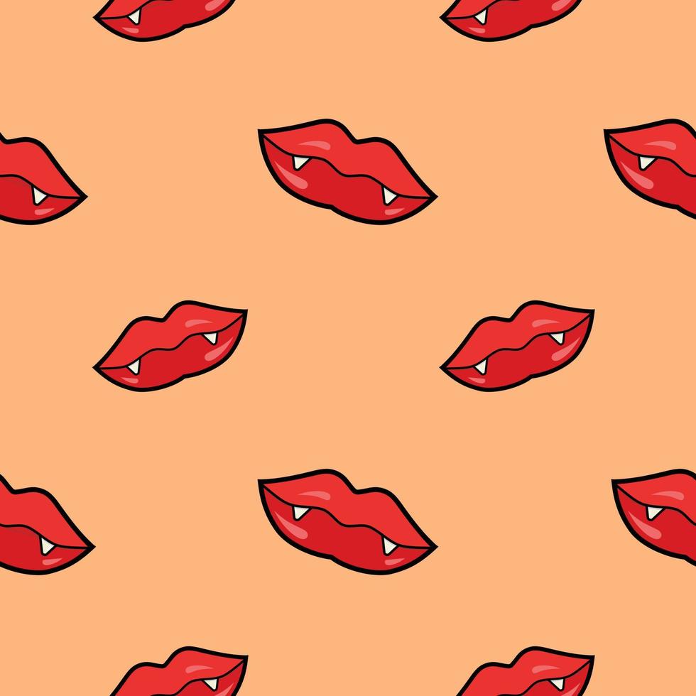 rode vrouwelijke lippen met vampier hoektanden naadloze patroon geïsoleerd op een witte achtergrond, illustratie. patroon voor halloween. dracula lippen vector