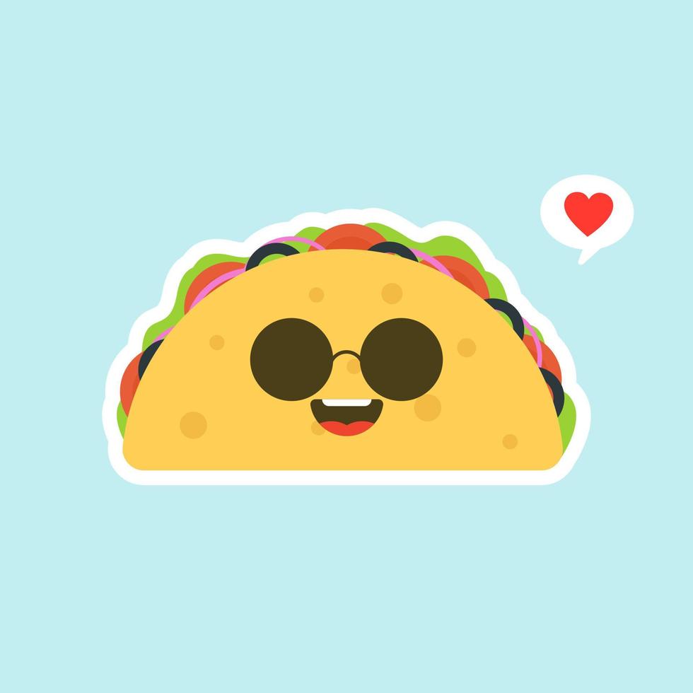 vectorillustratie met Mexicaanse taco's kawaii eten. de tortilla gaat naar taco's. schattige cartoon afbeelding geïsoleerd op een achtergrond in kleur. vector