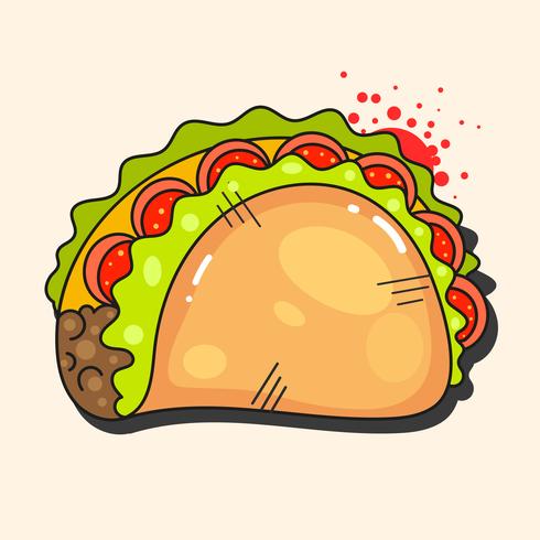 Retro hete Mexicaanse pictogram. Fast food. Vector achtergrond. Organische ingrediënten. Mexicaans Taco-eten. Kleurrijke vectorillustratie.