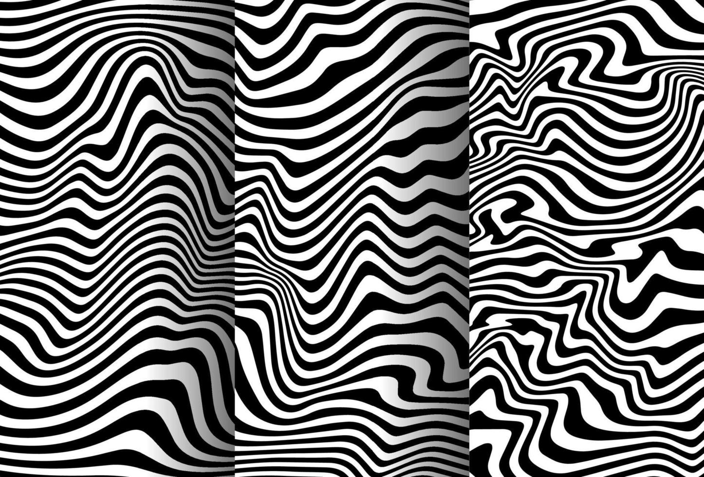 een set abstracte golfde of zwarte lijnen patroon met golvende levendige facture op witte achtergrond en textuur. lijnen 3d effect vloeibaar maken. vector
