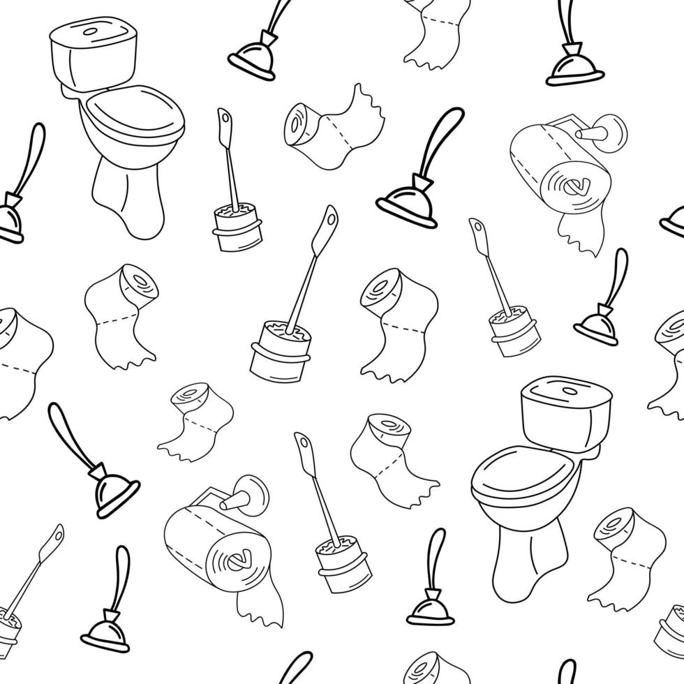 naadloos patroon van plunjer voor het reinigen van rioolbuizen van verstoppingen, toiletpot en rol toiletpapier, in de stijl van doodle met de hand. huishoudelijke artikelen, borstel, verstopping, toiletreiniging, hygiëne. vector