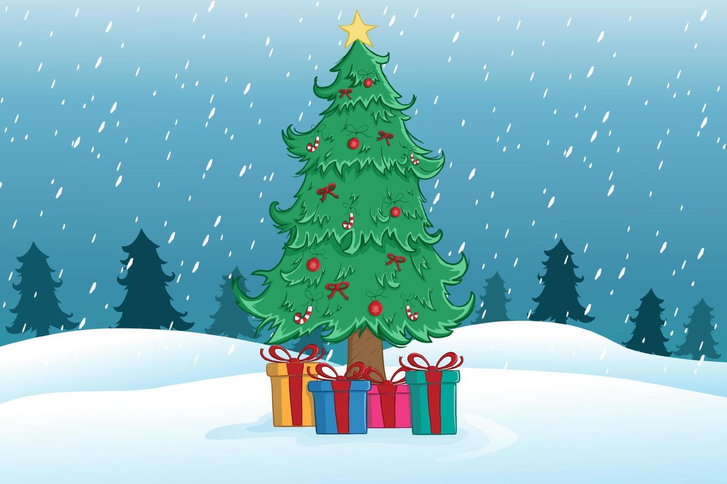 kleurrijke kerstboom met geschenkdoos in het sneeuwveld vector