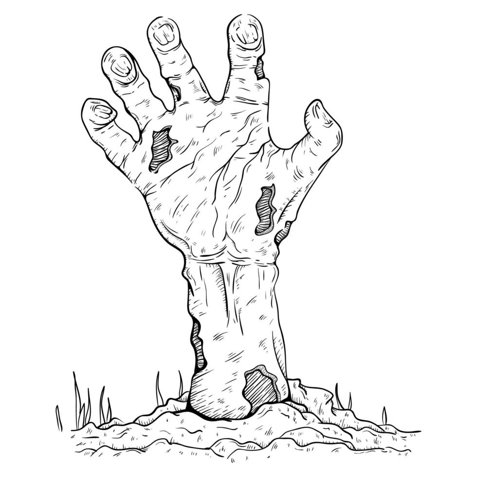 handgetekende zombie hand op de grond staan vector