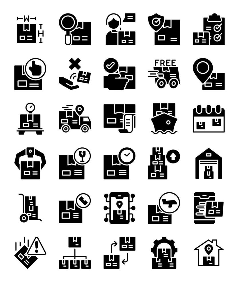 set van verpakking levering glyph solide silhouet web iconen vector