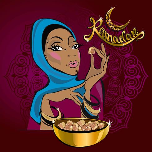 Ramadan Kareem. Tekst. Vector. Belettering. Wenskaartontwerper. Mooi meisje. Op de achtergrond van Bourgondië. In gouden letters. Oosterse zoetigheden. Turks Fruit vector