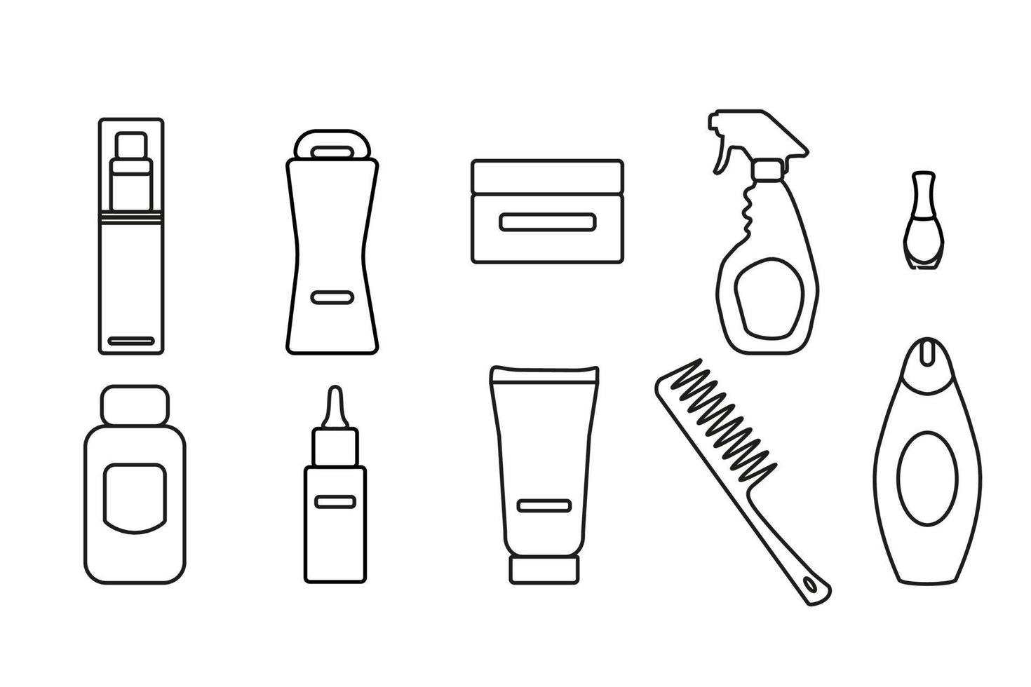 eenvoudige set met icoon van schoonheidsproducten. zoals crème, shampoo, spray, kam, balsem, olie, lotion en andere. lijn stijl. vector