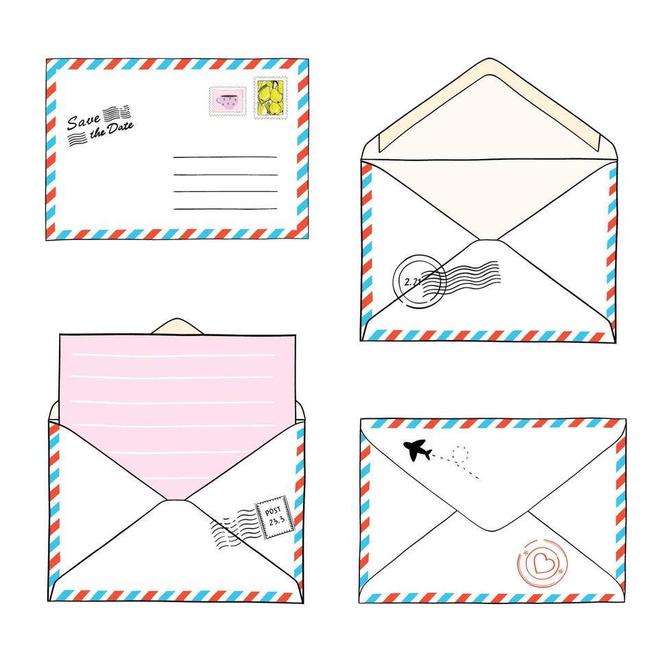 set van post enveloppen. modern handgetekend brievenontwerp. geïsoleerde vectorillustratie vector