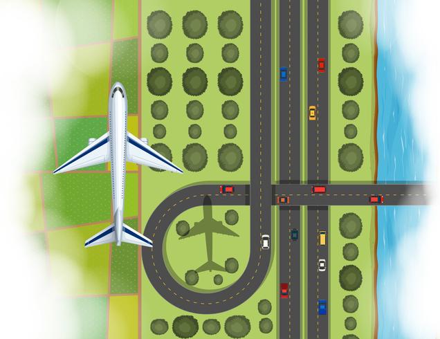 Luchtscène van vliegtuig die over het land vliegen vector