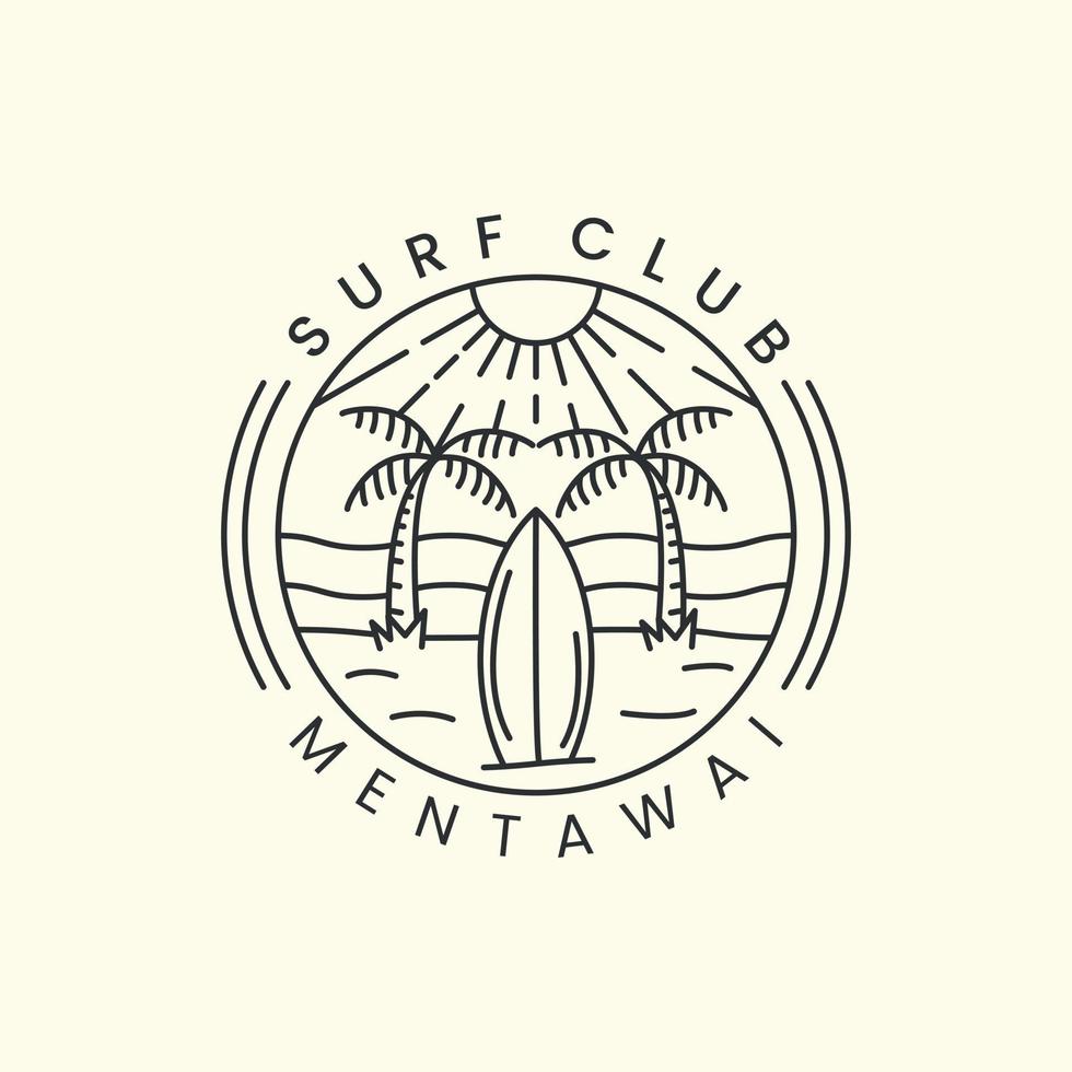 surf club mentawai strand met embleem en lijn kunst stijl logo pictogram sjabloonontwerp. palmboom, zon, gras, Californië, paradijs, vectorillustratie vector