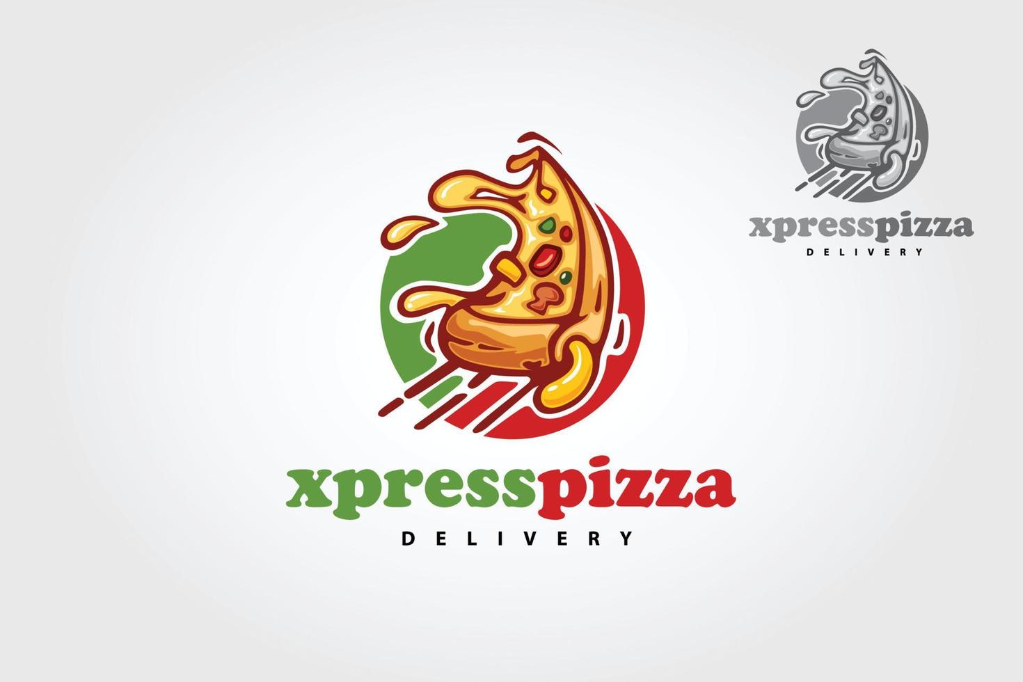 xpress pizzabezorging vector logo cartoon. dit logo is zeer geschikt voor elk pizza-gerelateerd restaurant, fastfood, bezorging, trattoria, bistro, catering en Italiaans eten.