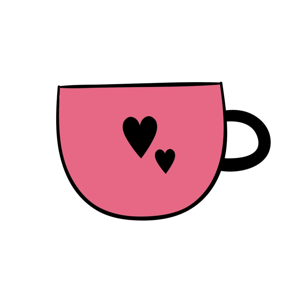 schattige roze koffiemok met hartjes. vector hand doodle illustratie voor restaurant of coffeeshop. goedemorgen, ontbijt, drankje, koffie, thee.