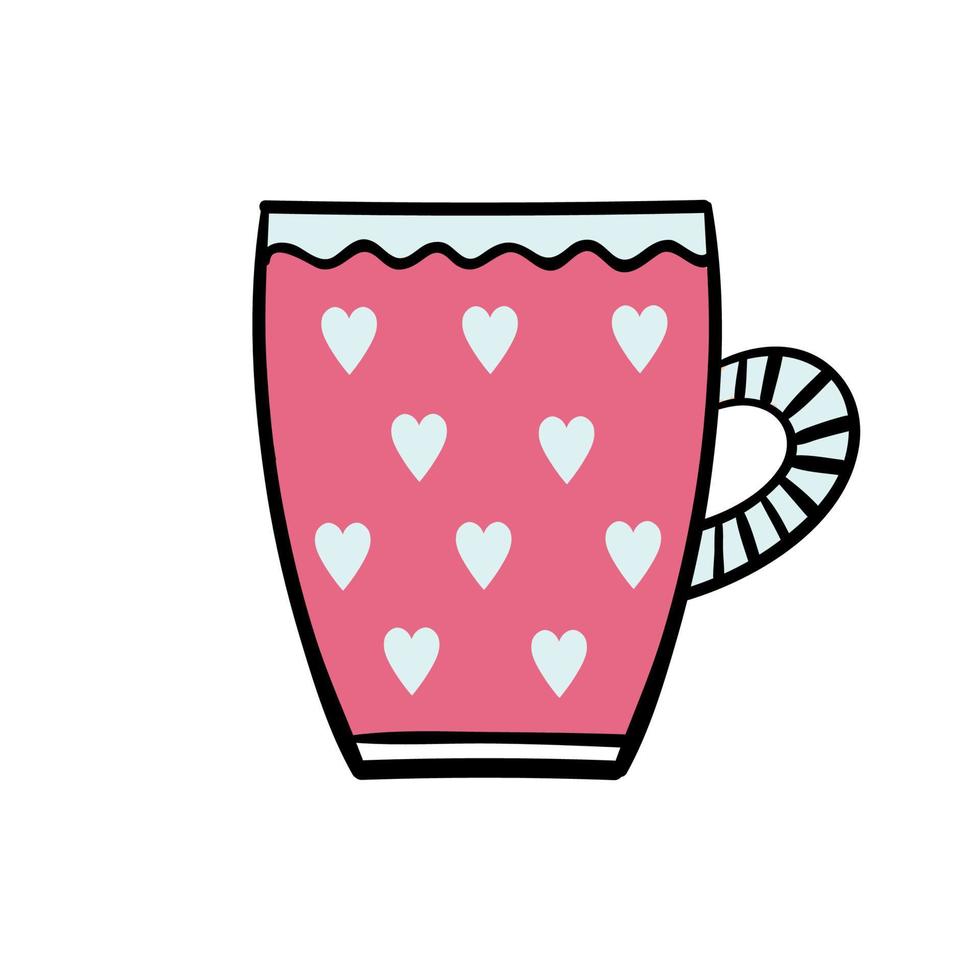schattige roze koffiemok met hartjes. vector hand doodle illustratie voor restaurant of coffeeshop. goedemorgen, ontbijt, drankje, koffie, thee.