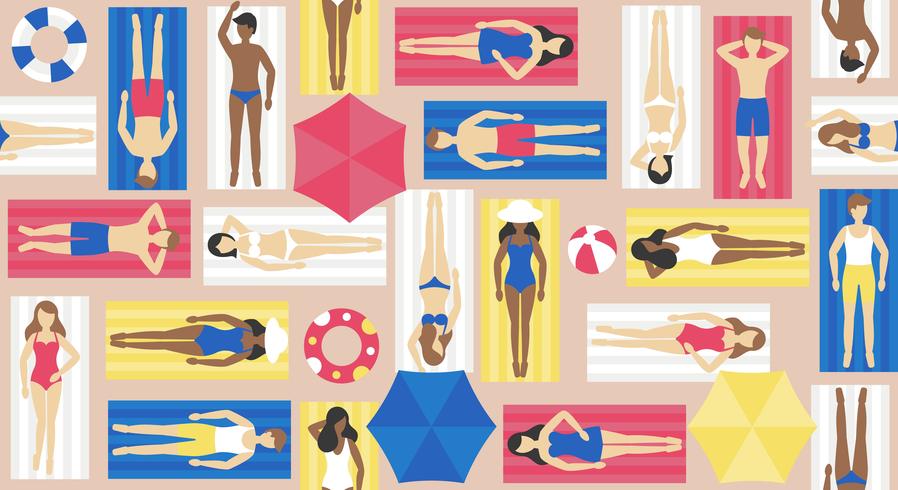 Zonnebaden, verschillende mensen op strandmat vector