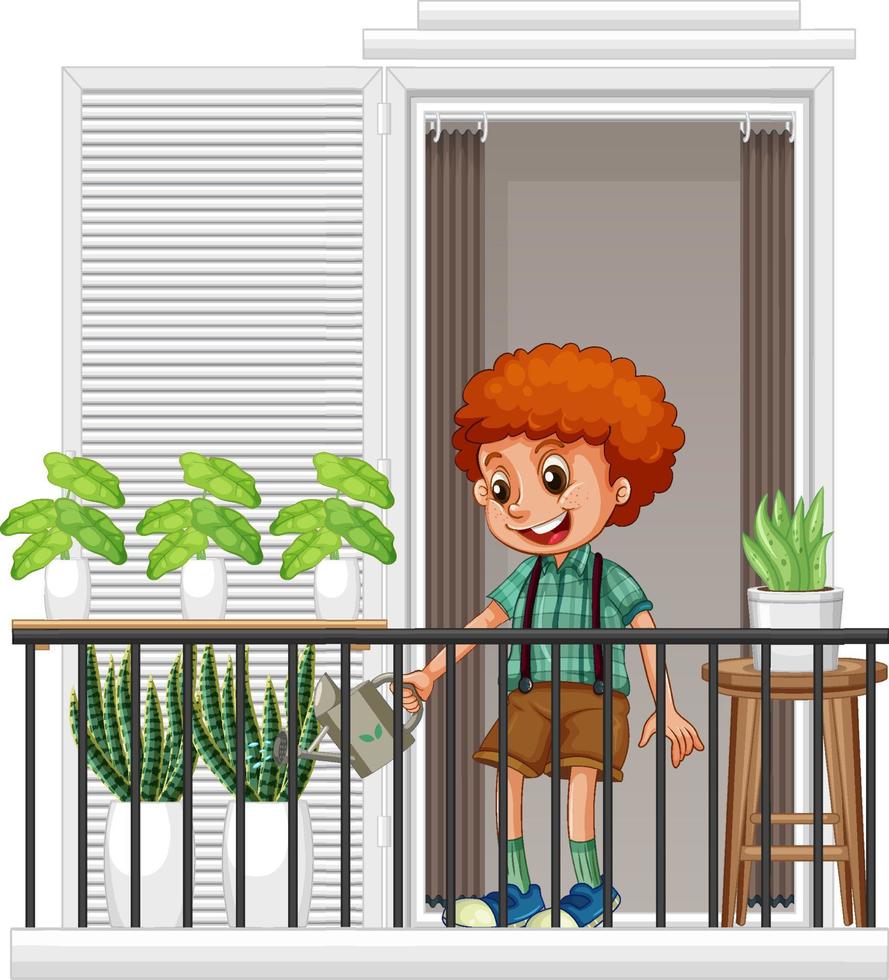 een jongen die planten water geeft op het balkon vector