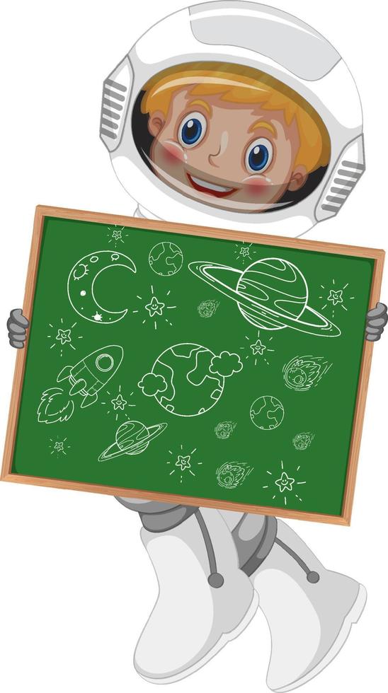 een astronaut die een bord vasthoudt met een doodle schetsontwerp op een witte achtergrond vector