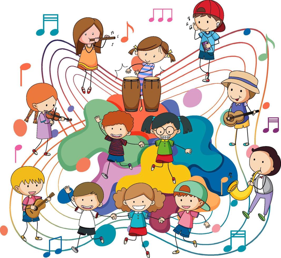 gelukkige kinderen die muziekinstrumenten spelen met muzieknoten op witte achtergrond vector