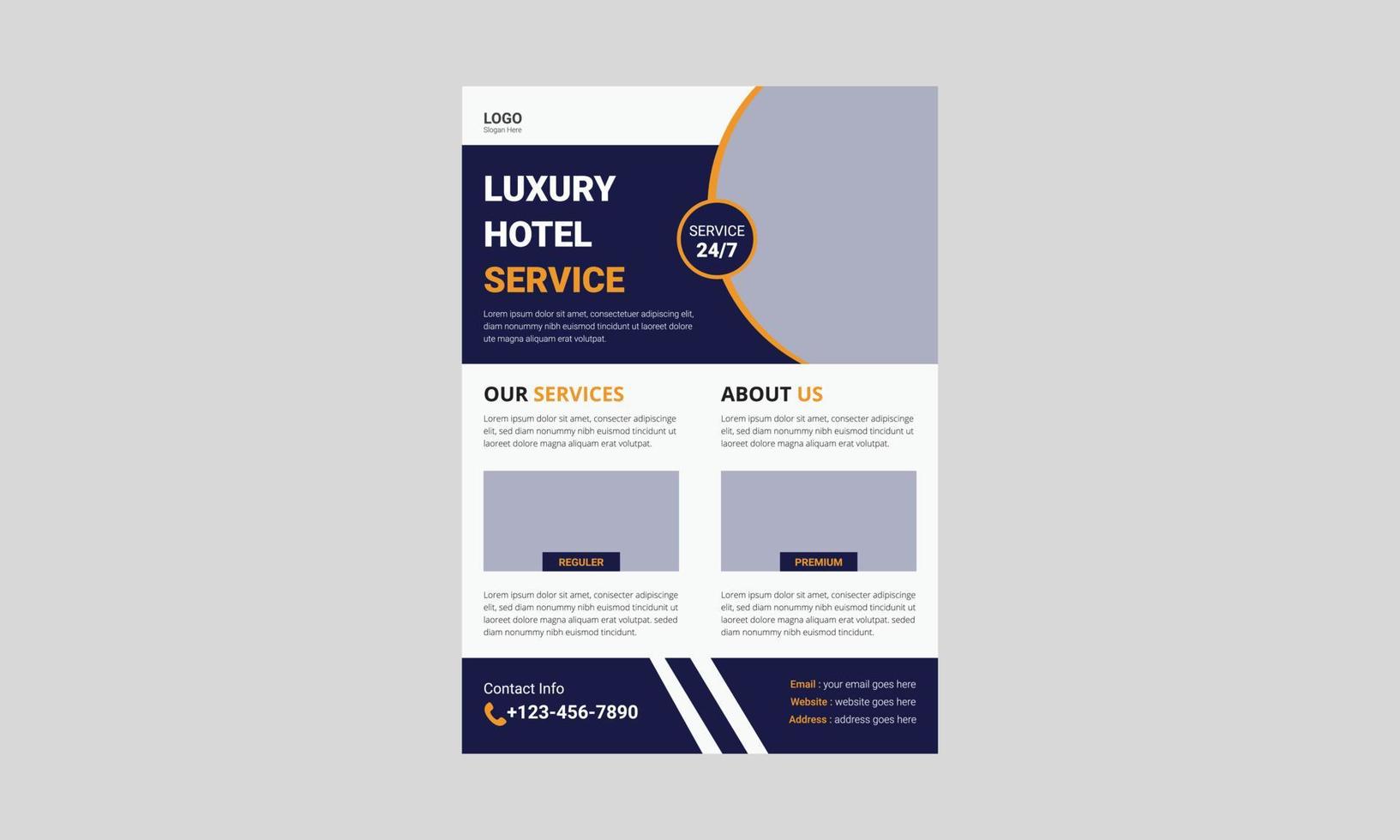 beste hotelservice flyer sjabloonontwerp. gouden hotel flyer poster folderontwerp. omslag, poster, a4-formaat, brochure, flyer, klaar voor afdrukken vector