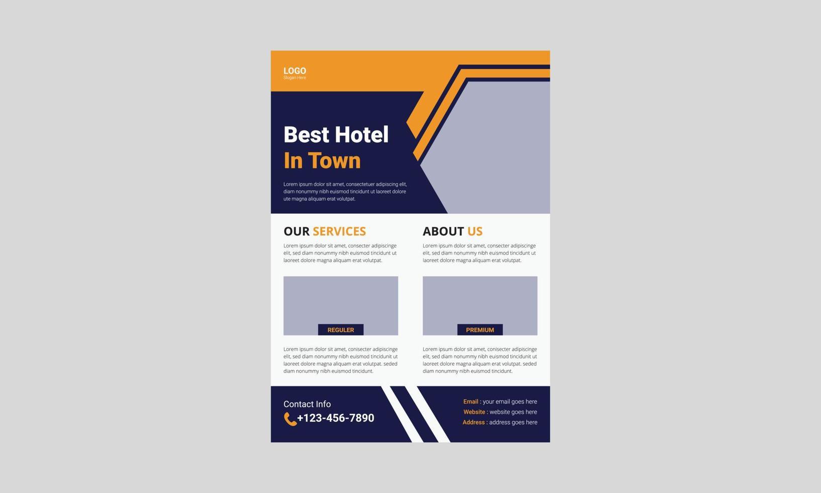 beste hotelservice flyer sjabloonontwerp. gouden hotel flyer poster folderontwerp. omslag, poster, a4-formaat, brochure, flyer, klaar voor afdrukken vector