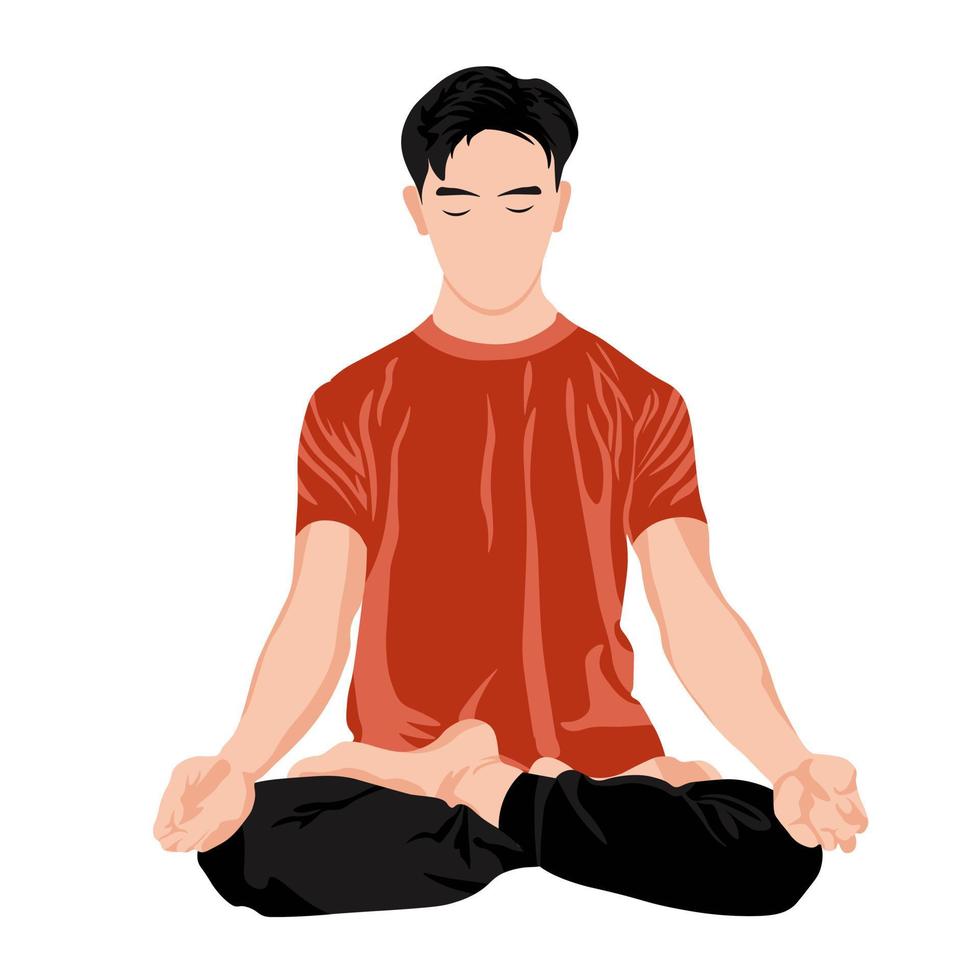 yoga man vector stock illustratie. mannelijke meditatie de man zit in de lotushouding. thuis sporten. ontspanning. geïsoleerd op een witte achtergrond.