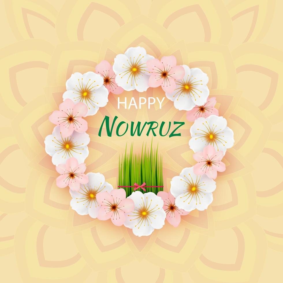 wenskaart met novruz vakantie. novruz bayram achtergrond sjabloon. lentebloemen, beschilderde eieren en tarwekiemen.vector vector