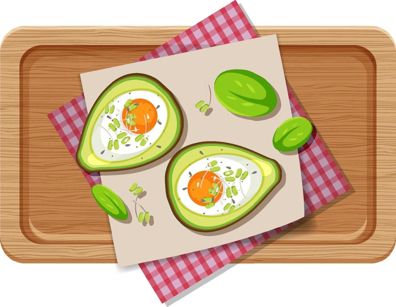 bovenaanzicht eten romig avocado-ei bakken met placemat op houten plaat op witte achtergrond vector