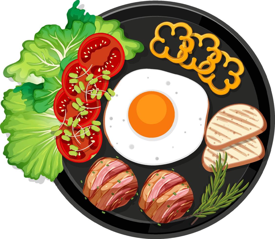 bovenaanzicht eten, ontbijt met zwarte plaat op witte achtergrond vector