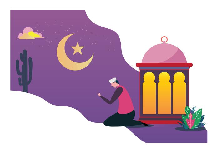 Gelukkig Ramadan Mubarak groet festival conceptontwerp. Vector platte cartoon