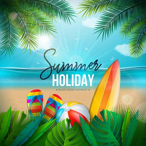 Vector zomer vakantie illustratie met strandbal, palmbladeren, Surfplank en typografie brief op blauwe oceaan landschap achtergrond. Zomer vakantie ontwerp