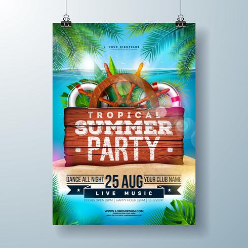 Vector zomer Beach Party Flyer Design met tropische palmbladeren en verzendkosten elementen op Oceaan landschap achtergrond. Zomervakantie illustratie met vintage houten bord