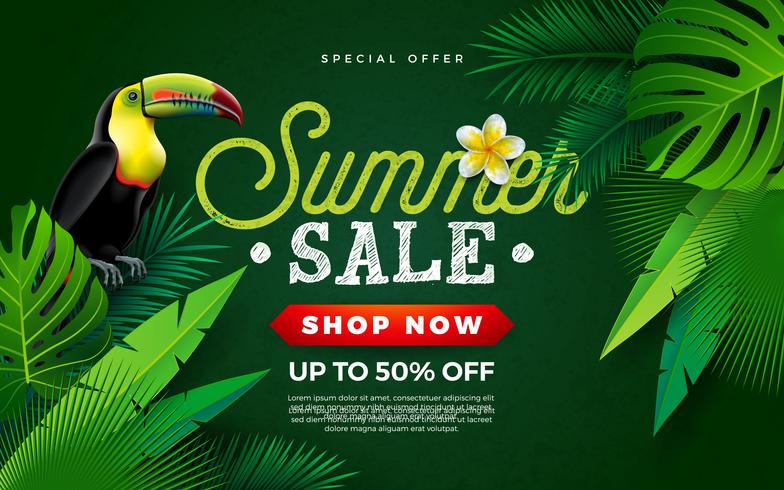 Zomer verkoop ontwerp met bloem, Toucan Bird en tropische palmbladeren op groene achtergrond. Vector vakantie illustratie met speciale aanbieding typografie brief