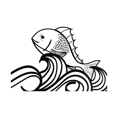 lijn vis dier in de zee met golven ontwerp vector