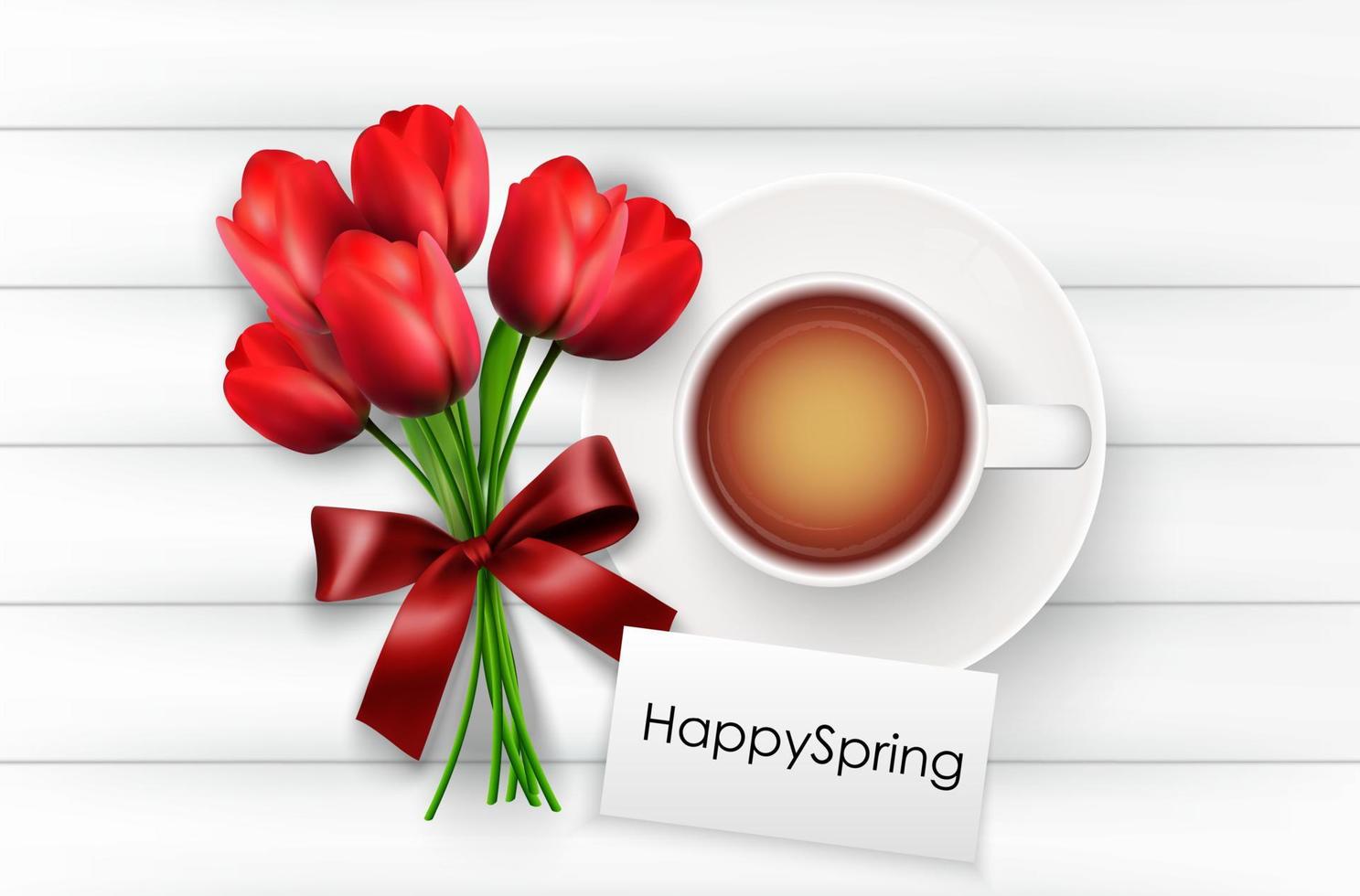 kopje koffie met rode tulpen en rood lint op een witte houten achtergrond vector