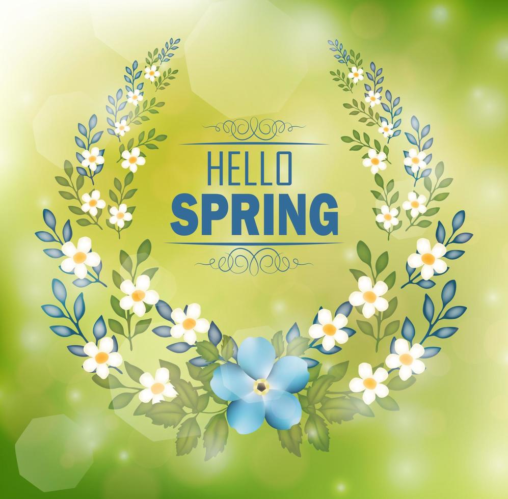 bloemenkader met tekst hallo lente en bokehachtergrond vector