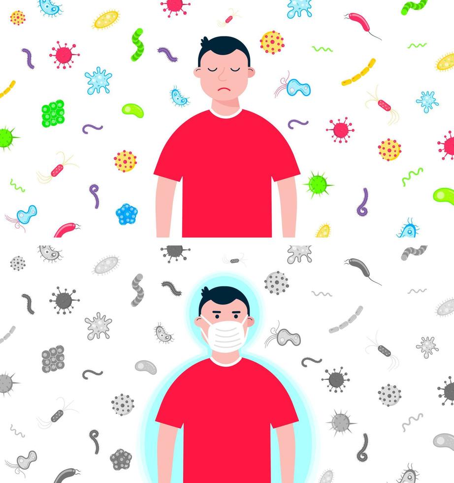 jongen jongen withand zonder beschermingsmasker met bacteriën achter hem vlakke stijl ontwerp instellen vectorillustratie geïsoleerd op een witte achtergrond. griep- en seizoensziekten tegen vaccinatie-aura-concept. vector