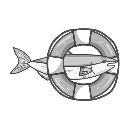 grijsschaalvissen met ontwerp met reddingsboei-object vector