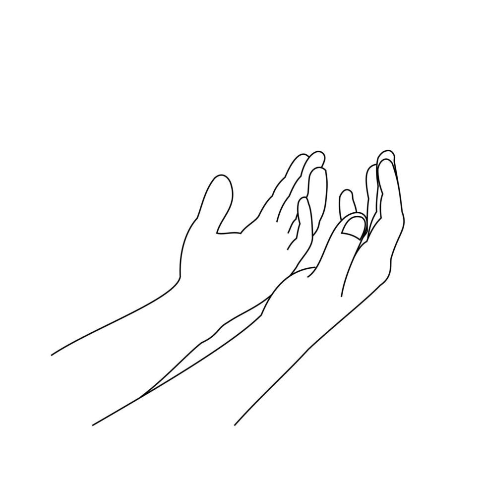 illustratie lijntekening van een twee hand open om te bidden. voor ramadan, eid al fitr of kerkconcept. smeken om vergeving en geloven in goedheid. gebed tot god met geloof en hoop. Geloof in God vector